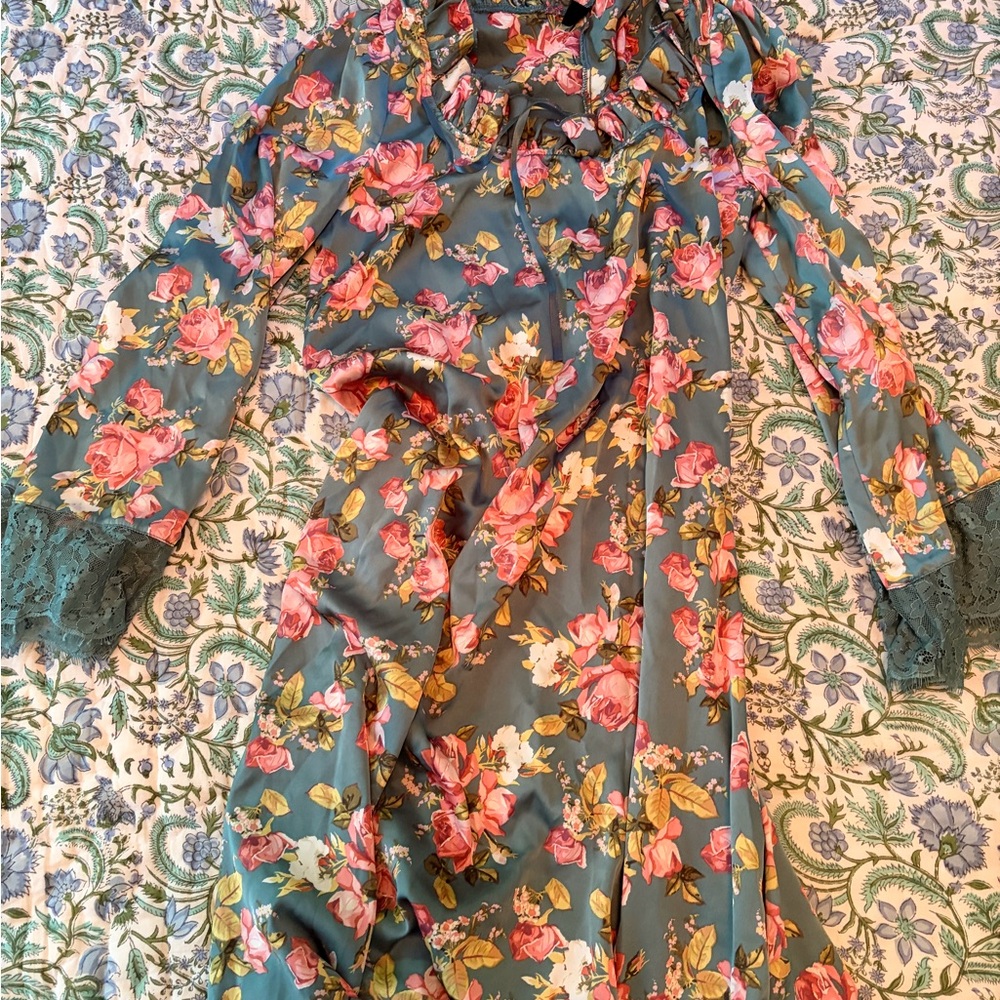 SHEIN Teal Floral Lace-Trim Chemise with Pink Roses